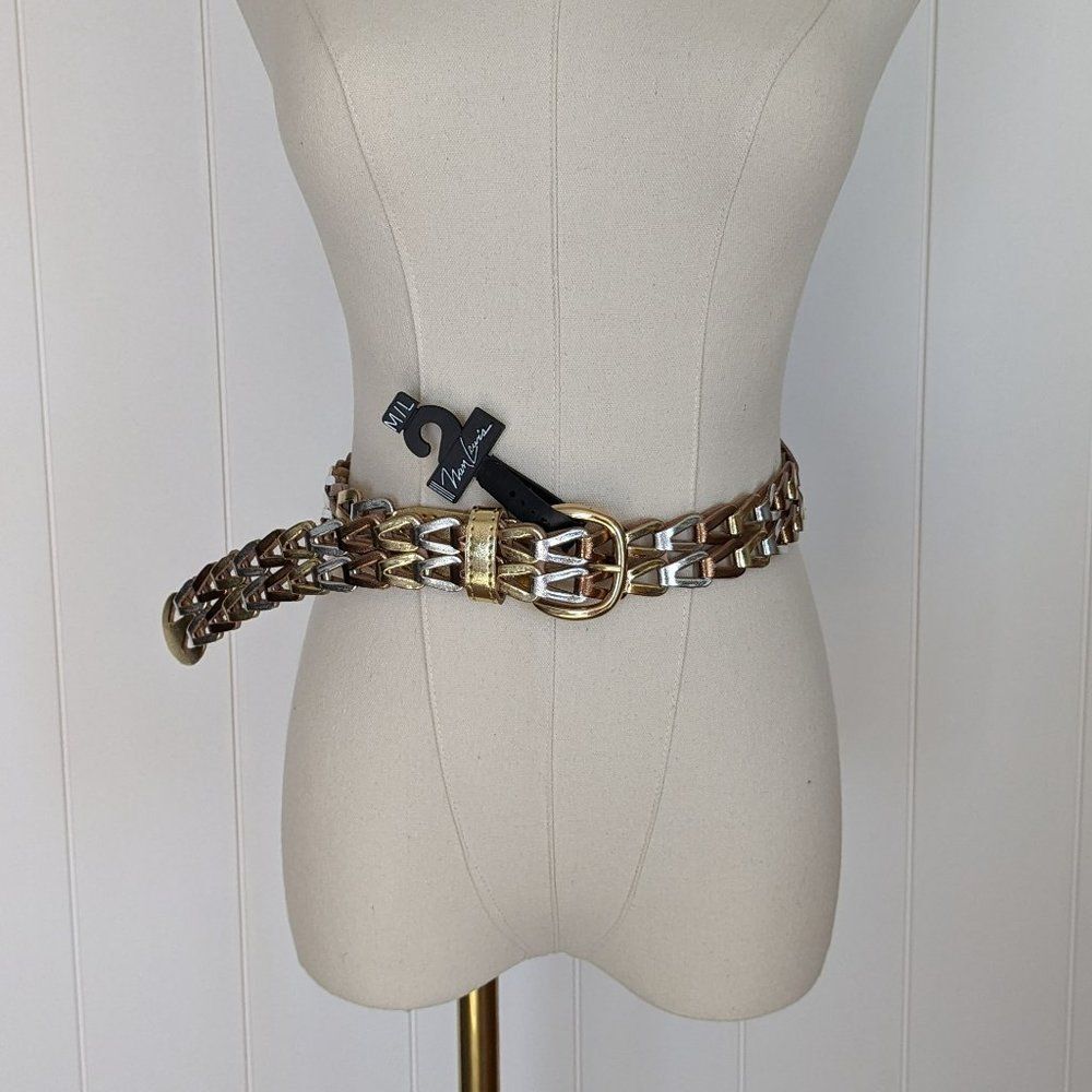 Vintage Nan Lewis, Ribco USA Gold Woven Belt - 39.5"-Silver, Gold Bronze